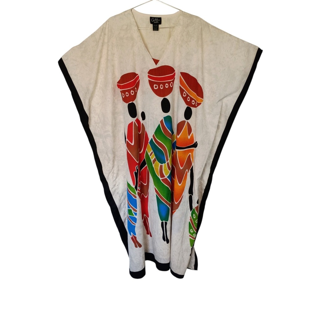 Goddess by Winlar Kaftan Dress One Size White Graphic Print V-Neck Lounger Maxi